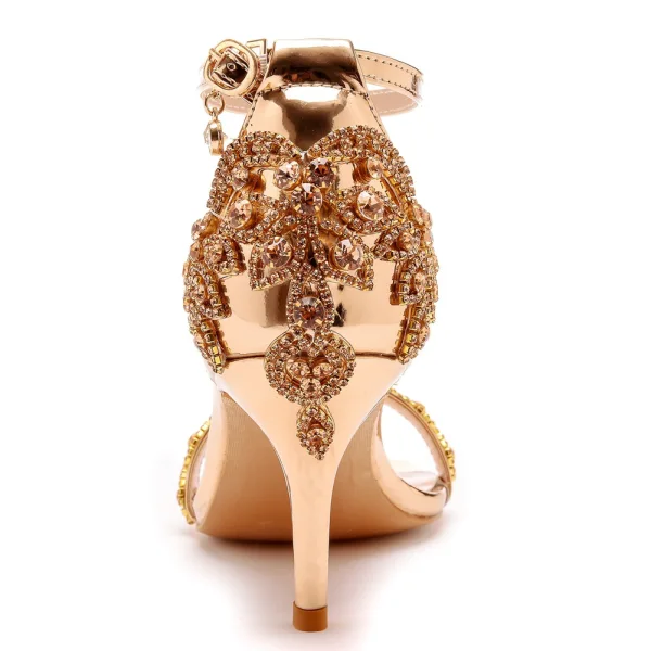 Sexy Champagne Evening Party Rhinestone Womens Sandals 2023 Ankle Strap 7 cm Stiletto Heels Open / Peep Toe Sandals High Heels