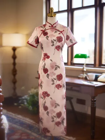 Vintage Estilo Chino Rosa Clara Impresión Noche Cheongsam 2025 Trumpet Mermaid Cuello Alto Manga Corta Largos