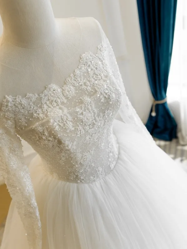 High-end White Handmade Beading Pearl Sequins Lace Flower Wedding Dresses 2026 Ball Gown Off-The-Shoulder Long Sleeve Backless Floor-Length / Long Tulle