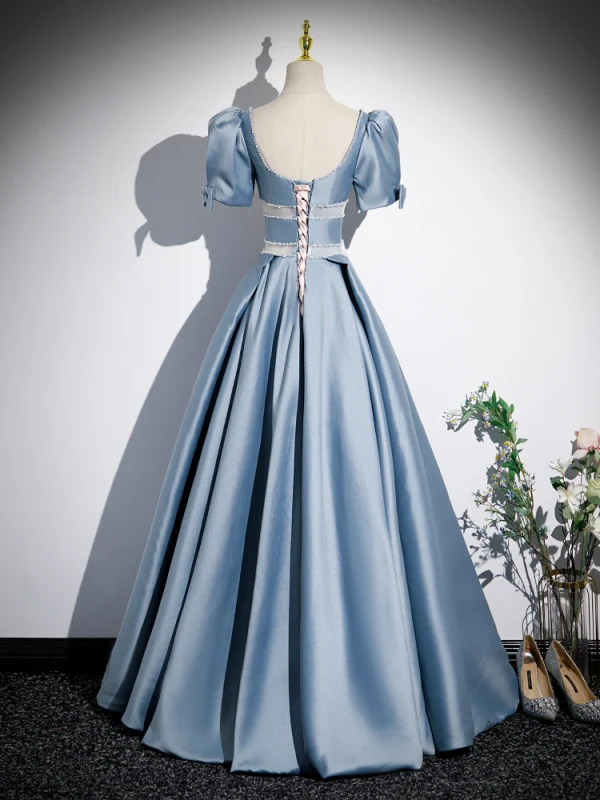Chic / Beautiful Sky Blue Satin Pearl Prom Dresses 2023 A-Line / Princess Square Neckline Short Sleeve Backless Floor-Length / Long Formal Dresses