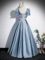 Chic / Beautiful Sky Blue Satin Pearl Prom Dresses 2023 A-Line / Princess Square Neckline Short Sleeve Backless Floor-Length / Long Formal Dresses