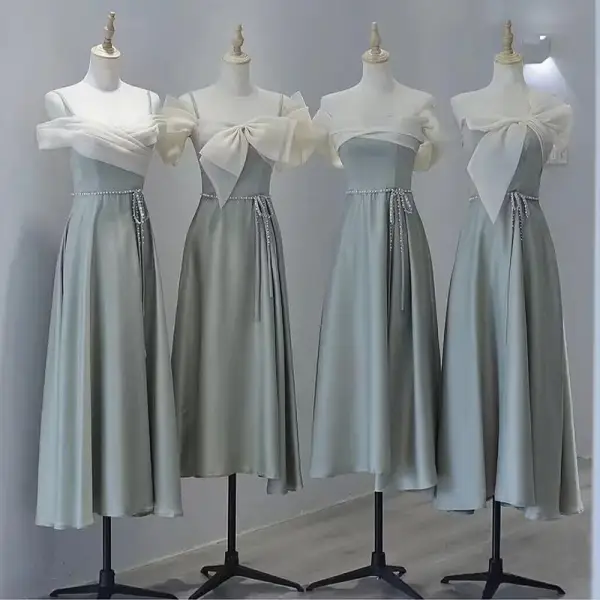 Modest / Simple Grey Satin Bridesmaid Dresses 2022 A-Line / Princess Spaghetti Straps Short Sleeve Pearl Sash Backless Tea-length Bridesmaid Dresses
