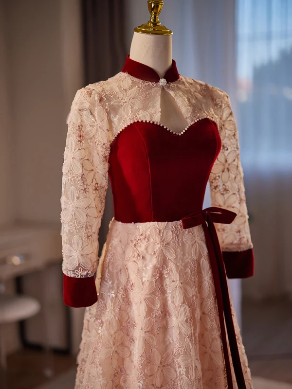 Chinese style Burgundy Pearl Flower Bow Prom Dresses 2024 A-Line / Princess High Neck 3/4 Sleeve Backless Floor-Length / Long Prom Formal Dresses