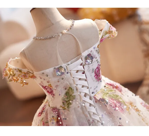Flower Fairy Multi-Colors Sequins Lace Flower Birthday Flower Girl Dresses 2025 Ball Gown Off-The-Shoulder Sleeveless Backless Floor-Length / Long Tulle