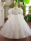 Charming White Beading Pearl Sequins Birthday Flower Girl Dresses 2023 Ball Gown High Neck Puffy Short Sleeve Backless Floor-Length / Long