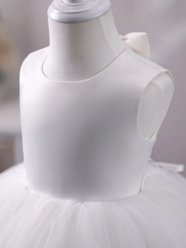 Modest / Simple White Short Birthday Flower Girl Dresses 2024 Ball Gown Scoop Neck Sleeveless Backless Bow