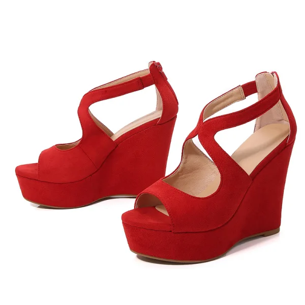 Schöne Rosa Sommer Freizeit Sandalen Damen 2022 Knöchelriemen 12 cm Keilabsatz Peeptoes Sandaletten
