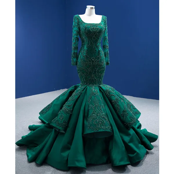 Haut de Gamme Vert Foncé Perlage Perle Paillettes En Dentelle Fleur Robe De Soirée 2022 Satin Trompette / Sirène Encolure Carrée Manches Courtes Dos Nu Longue Robe De Ceremonie