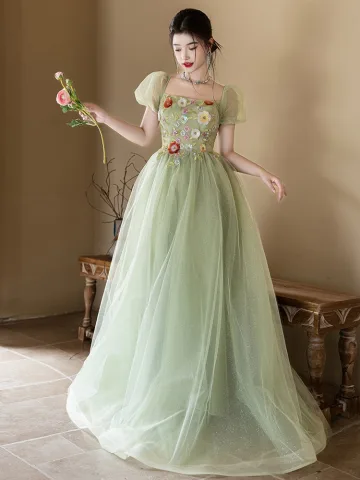 Chic Belle Vert Cendré Appliques Paillettes Robe De Bal 2024 Princesse Bretelles Spaghetti Manches Courtes Dos Nu Longue Tulle Promo Robe De Ceremonie