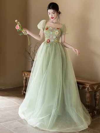 Hermoso Verde Salvia Apliques Lentejuelas Vestidos De Gala 2024 A Line Princess Spaghetti Straps Manga Corta Sin Espalda Largos Tul Gala Vestidos Formales