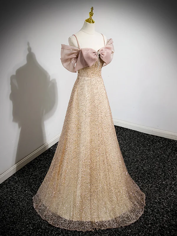 Scintillantes Doré Faux Diamant Paillettes Robe De Soirée 2023 Princesse Bretelles Spaghetti Noeud Manches Courtes Dos Nu Longue Soirée Robe De Ceremonie