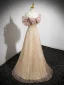Scintillantes Doré Faux Diamant Paillettes Robe De Soirée 2023 Princesse Bretelles Spaghetti Noeud Manches Courtes Dos Nu Longue Soirée Robe De Ceremonie