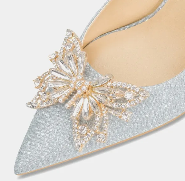 Charmant Zilveren Kristal Vlinder Bruidsschoenen 2024 Leer 6 cm Naaldhakken / Stiletto Spitse Neus Huwelijk Pumps Hoge Hakken