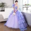 Elegant Lavender Pearl Lace Flower Appliques Cascading Ruffles Prom Dresses 2024 Ball Gown One-Shoulder Short Sleeve Backless Sweep Train Prom Formal Dresses
