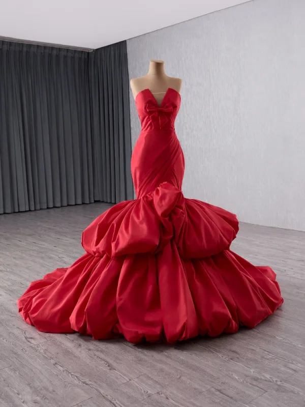 High End Rot Fallende Rüsche Ballkleider 2025 Meerjungfrau Bandeau Schleife Ärmellos Rückenfreies Sweep / Pinsel Zug Ball Festliche Kleider