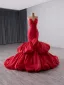 High End Rot Fallende Rüsche Ballkleider 2025 Meerjungfrau Bandeau Schleife Ärmellos Rückenfreies Sweep / Pinsel Zug Ball Festliche Kleider