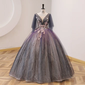 Élégant Violet Dégradé De Couleur Robe De Bal 2022 Robe Boule Encolure Dégagée Perle En Dentelle Fleur Manches Courtes Dos Nu Longue Promo Robe De Ceremonie