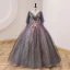 Elegant Purple Gradient-Color Prom Dresses 2022 Ball Gown Scoop Neck Pearl Lace Flower Short Sleeve Backless Floor-Length / Long Prom Formal Dresses