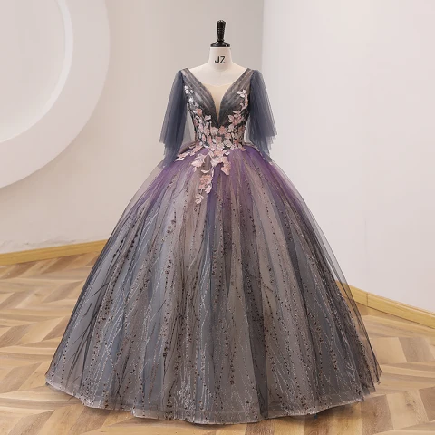 Elegantes Morado Degradado De Color Vestidos de gala 2022 Ball Gown Scoop Escote Perla Con Encaje Flor Manga Corta Sin Espalda Largos Gala Vestidos Formales