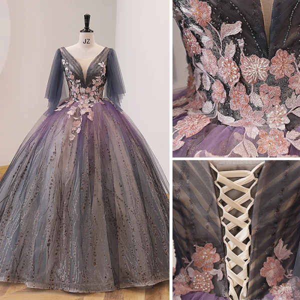 Elegant Purple Gradient-Color Prom Dresses 2022 Ball Gown Scoop Neck Pearl Lace Flower Short Sleeve Backless Floor-Length / Long Prom Formal Dresses