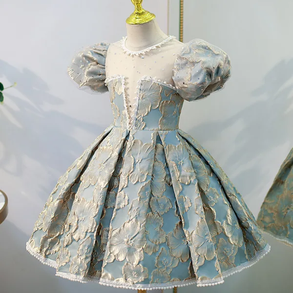Fashion Sky Blue Star Sequins Birthday Flower Girl Dresses 2022 A-Line / Princess Scoop Neck Pearl Puffy Short Sleeve Floor-Length / Long Flower Girl Dresses