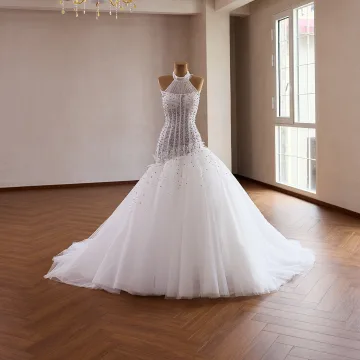 Luxe Blanche Fait Main Perlage Perle Faux Diamant En Dentelle Fleur Robe De Mariée 2026 Trompette Sirène Titulaire Sans Manches Dos Nu Tribunal Train