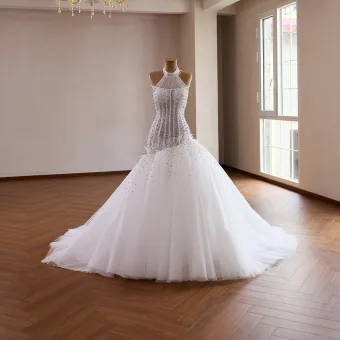 Luxury Gorgeous White Handmade Beading Pearl Rhinestone Lace Flower Wedding Dresses 2026 Trumpet Mermaid Halter Sleeveless Backless Court Train