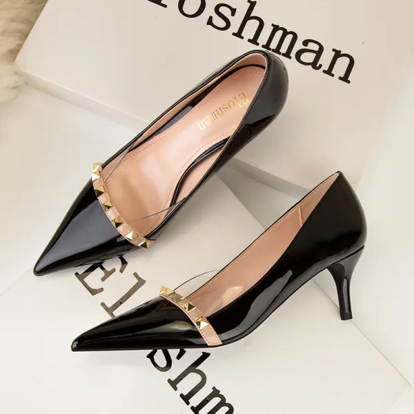 Sexy Black Patent Leather Evening Party Pumps 2022 Rivet 6 cm Stiletto Heels Pointed Toe Pumps High Heels