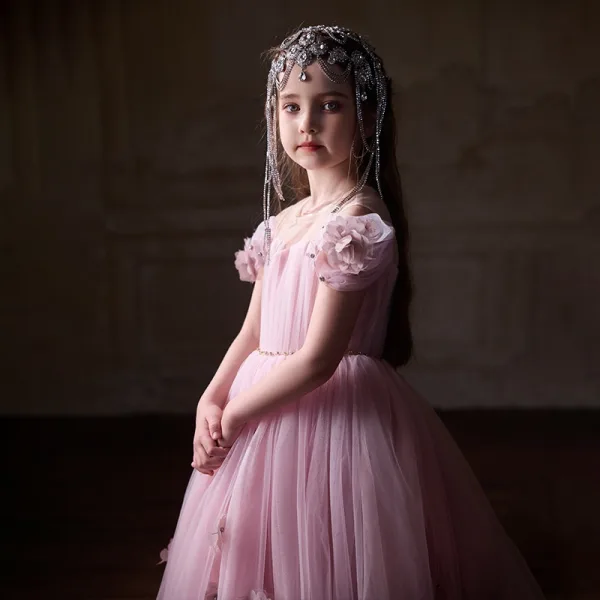 Chic / Beautiful Blushing Pink Appliques Birthday Flower Girl Dresses 2025 A-Line / Princess Scoop Neck Short Sleeve Floor-Length / Long