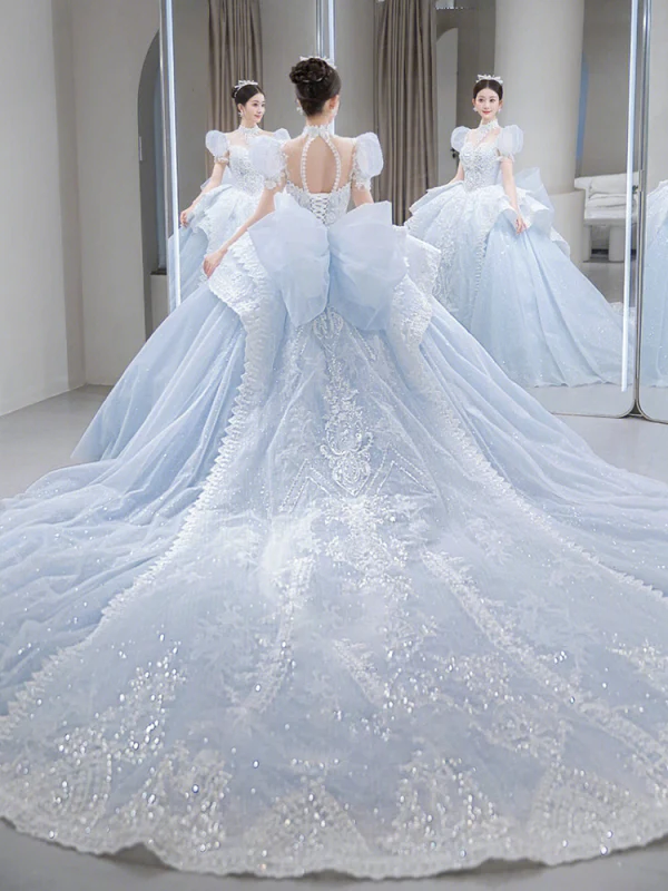 Luxury / Gorgeous Sky Blue Beading Rhinestone Lace Flower Wedding Dresses 2023 Ball Gown High Neck Puffy Short Sleeve Backless Bow Royal Train
