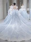 Luxury / Gorgeous Sky Blue Beading Rhinestone Lace Flower Wedding Dresses 2023 Ball Gown High Neck Puffy Short Sleeve Backless Bow Royal Train
