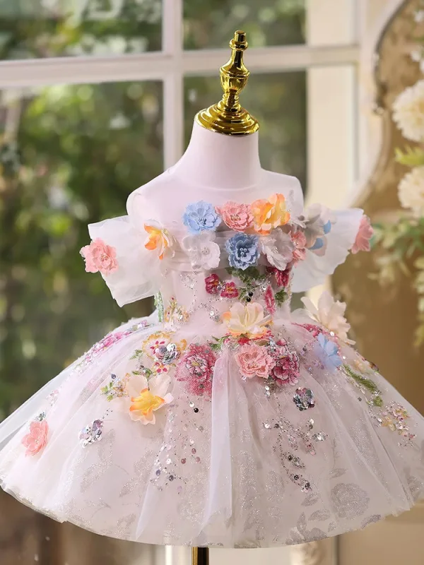 Flower Fairy Multi-Colors Appliques Sequins White Birthday Short Flower Girl Dresses 2026 Ball Gown Scoop Neck Short Sleeve Backless
