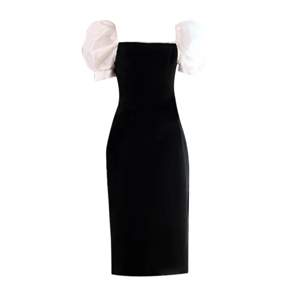 Fashion Black Pearl Homecoming Graduation Dresses 2022 Square Neckline Backless Puffy Short Sleeve Tea-length Formal Dresses