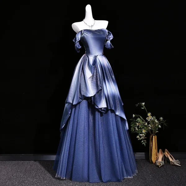 Dazzling Navy Blue Ball Gown Prom Dresses 2026 Off-The-Shoulder Short Sleeve Backless Floor-Length / Long Formal Dresses