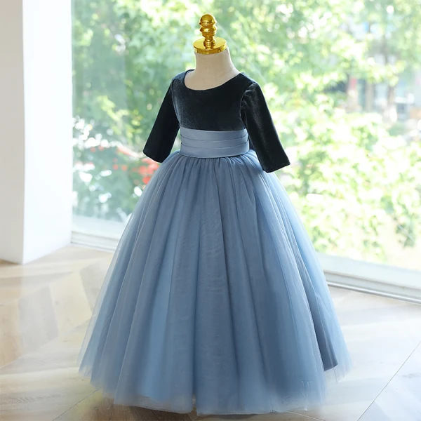 Modest / Simple Navy Blue Wedding Flower Girl Dresses 2023 Ball Gown Scoop Neck Short Sleeve Bow Floor-Length / Long Flower Girl Dresses