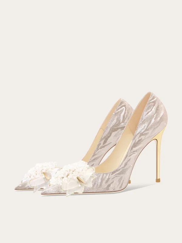 Charming Champagne Sequins Pearl Rhinestone Bow Wedding Shoes 2026 Leather 10 cm Stiletto Heels Pointed Toe Wedding Pumps High Heels