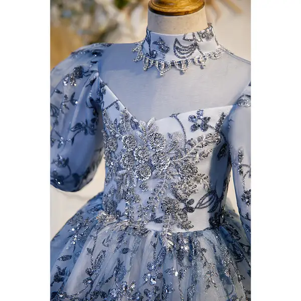 Chic / Beautiful Sky Blue Glitter Sequins Beading Rhinestone Lace Flower Birthday Flower Girl Dresses 2022 A-Line / Princess High Neck Short Sleeve Backless Floor-Length / Long Flower Girl Dresses