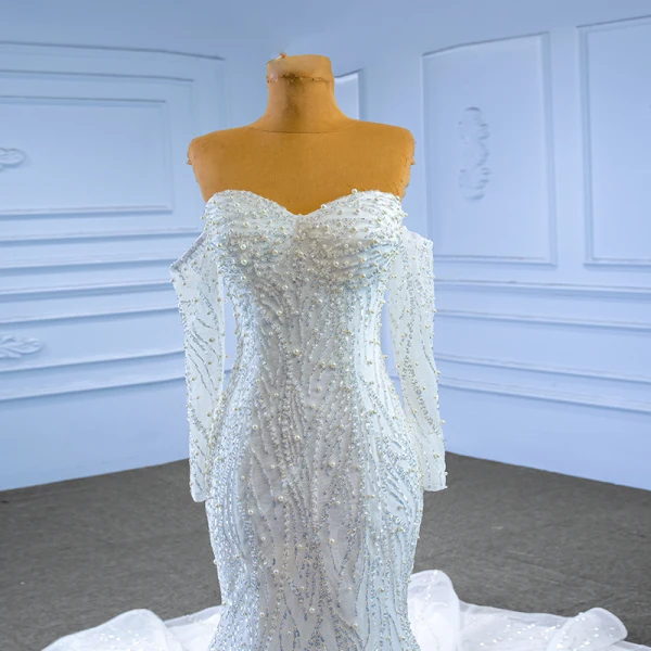 Sexy High Low White Beading Pearl Sequins Wedding Dresses 2023 Trumpet / Mermaid Off-The-Shoulder Long Sleeve Backless Chapel Train Wedding