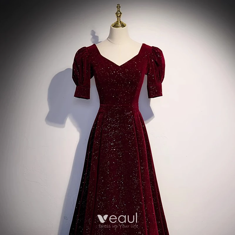 Vintage / Retro Burgundy Sequins Velvet Prom Dresses 2023 A-Line / Princess  Square Neckline Short Sleeve Backless Floor-Length / Long Formal Dresses