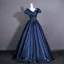 Vintage / Originale Bleu Marine Satin Robe De Bal 2026 Robe Boule V-Cou Manches Courtes Dos Nu Longue