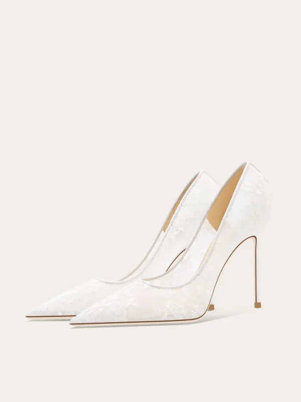 Elegante Witte Kant Bloem Bruidsschoenen 2025 Leer 10 cm Naaldhakken / Stiletto Spitse Neus Huwelijk Pumps Hoge Hakken