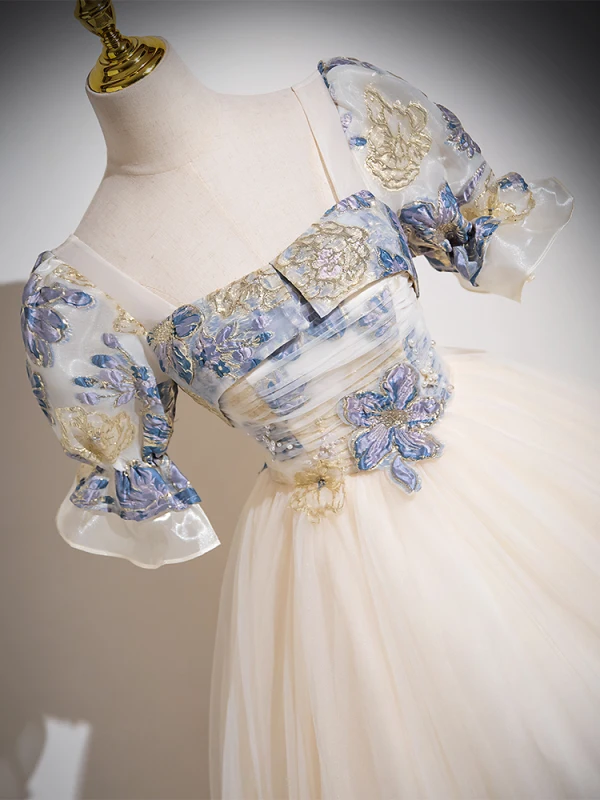 Elegant Champagne Printing Prom Dresses 2024 A-Line / Princess Square Neckline Puffy Short Sleeve Backless Floor-Length / Long Prom Formal Dresses