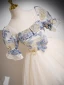 Elegant Champagne Printing Prom Dresses 2024 A-Line / Princess Square Neckline Puffy Short Sleeve Backless Floor-Length / Long Prom Formal Dresses