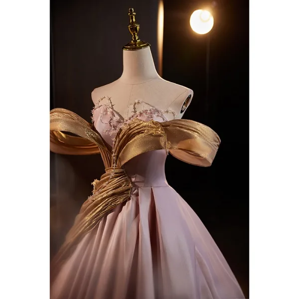 Fashion Blushing Pink Beading Prom Dresses 2024 Ball Gown Off-The-Shoulder Sleeveless Backless Floor-Length / Long Prom Formal Dresses