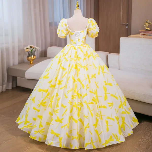 Elegant Yellow Prom Dresses 2024 Ball Gown Square Neckline Short Sleeve Backless Floor-Length / Long Prom Formal Dresses