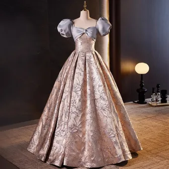 Elegant Blushing Pink Floral Satin Prom Dresses 2023 Ball Gown Square Neckline Puffy Short Sleeve Backless Floor Length Long Formal Dresses
