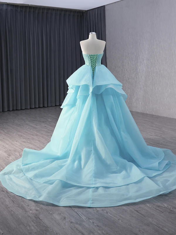 Haut de Gamme Bleu Fait main Perlage Paillettes Robe De Soirée 2024 Trompette / Sirène Bustier Sans Manches Dos Nu Tribunal Train Soirée Robe De Ceremonie