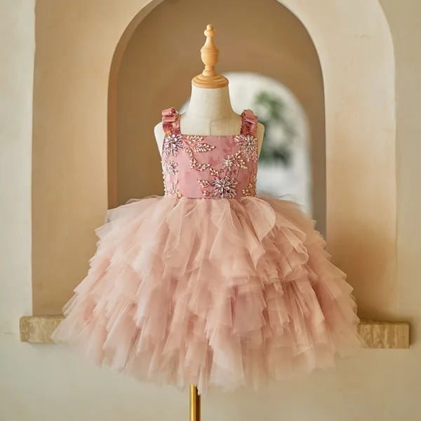 Chic / Beautiful Blushing Pink Pearl Rhinestone Cascading Ruffles Short Birthday Flower Girl Dresses 2024 Ball Gown Square Neckline Sleeveless Backless