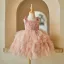 Chic / Beautiful Blushing Pink Pearl Rhinestone Cascading Ruffles Short Birthday Flower Girl Dresses 2024 Ball Gown Square Neckline Sleeveless Backless