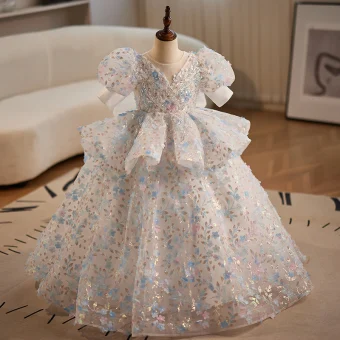 Mode Blanche Perlage Paillettes Appliques Anniversaire Robe Ceremonie Fille 2024 Robe Boule Encolure Dégagée Manches Courtes Dos Nu Noeud Longue